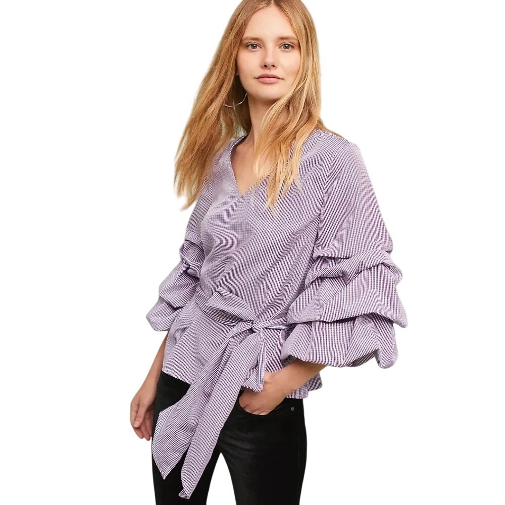 Sunday in Brooklyn Gingham Ruffle Sleeve Top Navy & Burgundy XS Tie Waist V-Neck